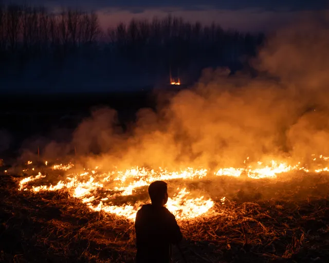 A man burning fields at dusk.